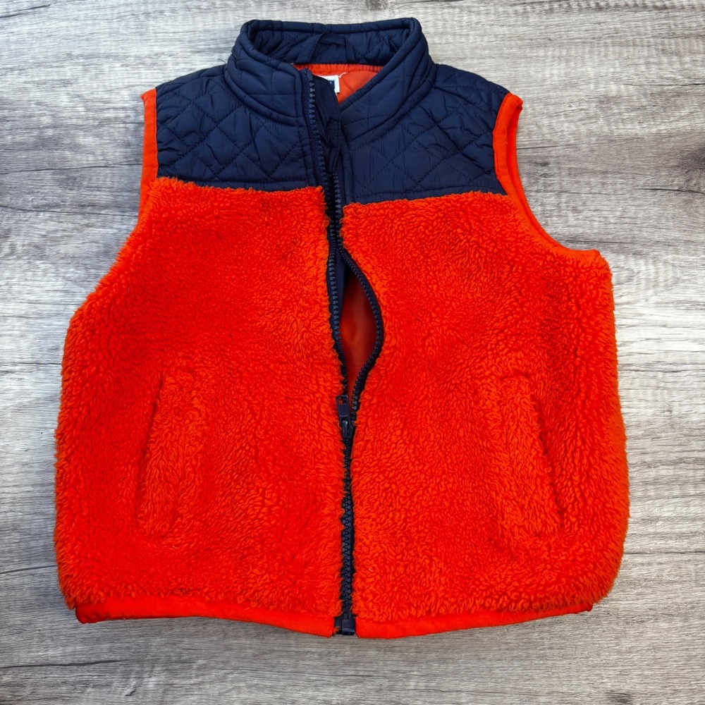 Janie and Jack Vest Size 3‎ to 4 Orange Fleece Puffer Quilted Navy Blue Kids